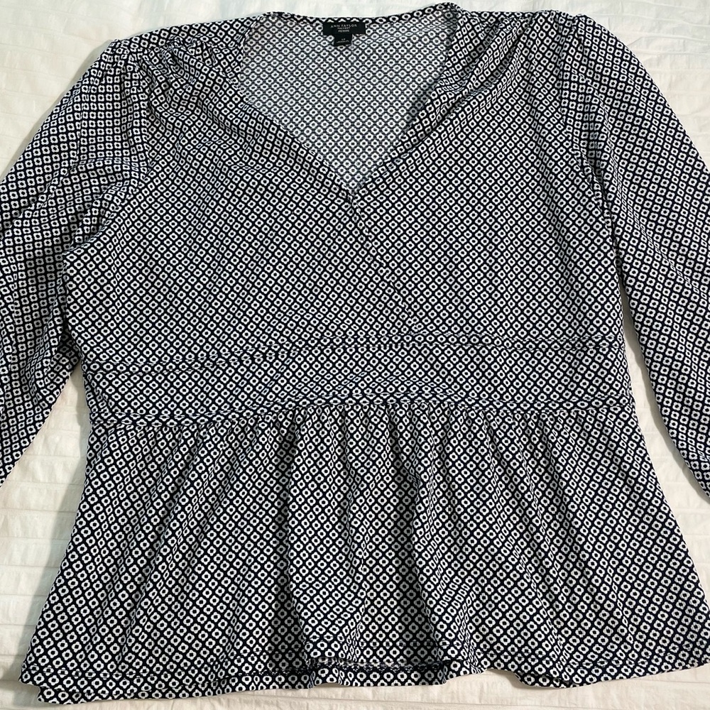 Ann Taylor Factory Navy and White Patterned Peplum Blouse